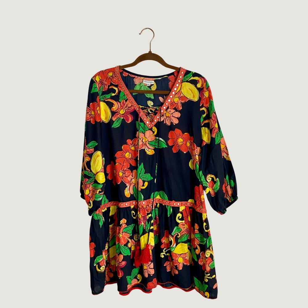 MODAPOSA XL Boho Floral Lemon Tunic Dress Mirror Embroidered Resort Beach Tassel
